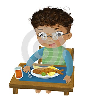 cartoon scene with boy eating healthy dinner fried fish illustration for children