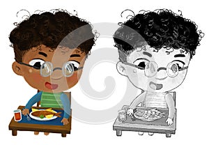 cartoon scene with boy eating healthy dinner fried fish illustration for children