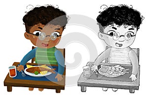 cartoon scene with boy eating healthy dinner fried fish illustration for children