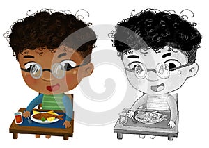 cartoon scene with boy eating healthy dinner fried fish illustration for children