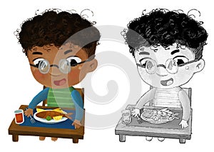 cartoon scene with boy eating healthy dinner fried fish illustration for children