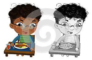 cartoon scene with boy eating healthy dinner fried fish illustration for children