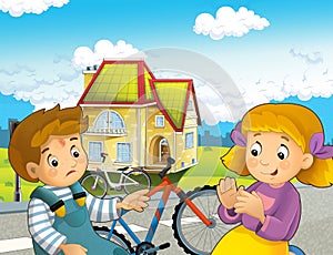 Cartoon scene with boy and girl on bicycle ride having accident