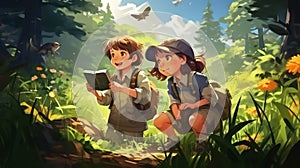 Cartoon scene with boy and girl in the forest