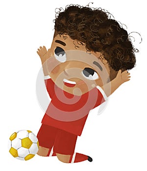 cartoon scene with boy playing running sport ball soccer football - illustration for kids