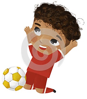 cartoon scene with boy playing running sport ball soccer football - illustration for kids