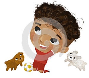 cartoon scene with boy playing running sport ball soccer football - illustration for kids