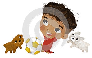 cartoon scene with boy playing running sport ball soccer football - illustration for kids
