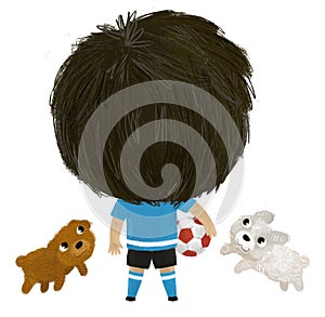 cartoon scene with boy playing running sport ball soccer football - illustration for kids