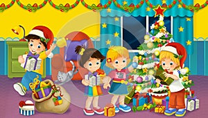 Cartoon scene with boys and girls in a room full of presents