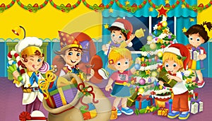 Cartoon scene with boys and girls in a room full of presents