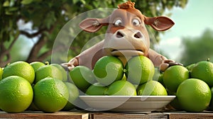 Cartoon scene A burly cow attempting to balance on a stack of enormous limes with a comically perplexed expression on