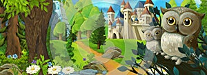 Cartoon scene castle in the deep forest with owl sitting and looking - illustration