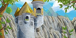 cartoon scene of castle tower with opened window nobody - illustration for children