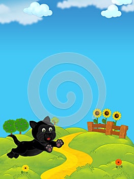 Cartoon scene with cat on farm ranch during night illustraton for children