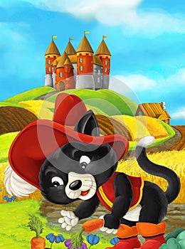 Cartoon scene of a cat traveling to a beautiful castle