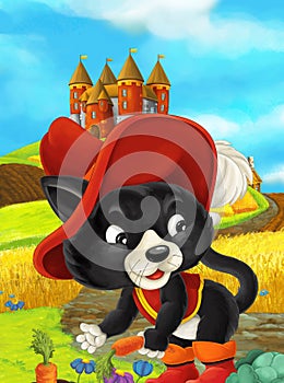 Cartoon scene of a cat traveling to a beautiful castle