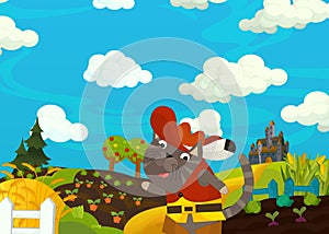 Cartoon scene - cat traveling to the castle on the hill