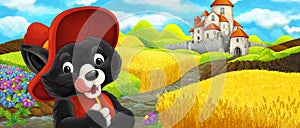 Cartoon scene - cat traveling to the castle on the hill near the farm ranch