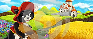 Cartoon scene - cat traveling to the castle on the hill near the farm ranch