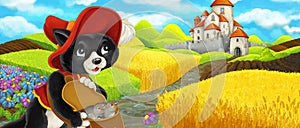 Cartoon scene - cat traveling to the castle on the hill near the farm ranch