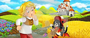 Cartoon scene - cat traveling to the castle on the hill with young boy farmer