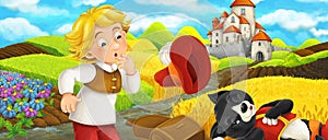 Cartoon scene - cat traveling to the castle on the hill with young boy farmer