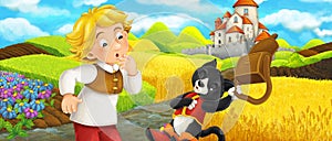 Cartoon scene - cat traveling to the castle on the hill with young boy farmer