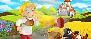 Cartoon scene - cat traveling to the castle on the hill with young boy farmer