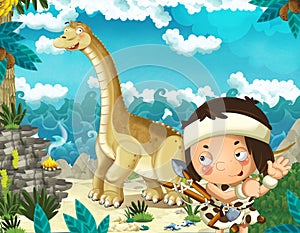 Cartoon scene with caveman near the sea shore looking at some happy and funny giant dinosaur diplodocus