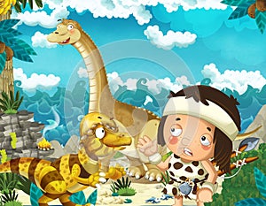 cartoon scene with caveman near the sea shore looking at some happy and funny giant dinosaur diplodocus - illustration for