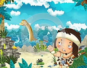 Cartoon scene with caveman near the sea shore looking at some happy and funny giant dinosaur diplodocus or other swimming dinosaur