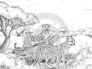Cartoon scene with cheetah resting on tree with family illustration for children