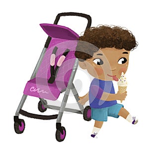 cartoon scene with child boy near baby carriage playing on white background illustration for children