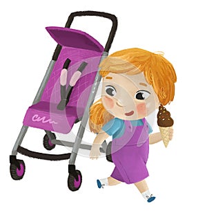 cartoon scene with child girl near baby carriage playing on white background illustration for children