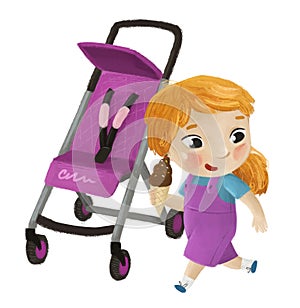 cartoon scene with child girl near baby carriage playing on white background illustration for children