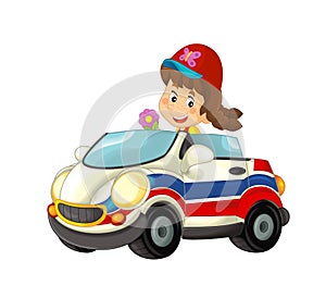 Cartoon scene with child - girl in toy car ambulance on white background