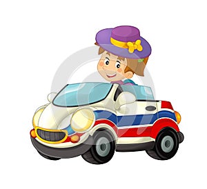 Cartoon scene with child - girl in toy car ambulance on white background