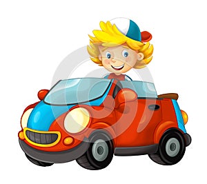 Cartoon scene with child in toy car on white background