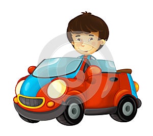 Cartoon scene with child in toy car on white background
