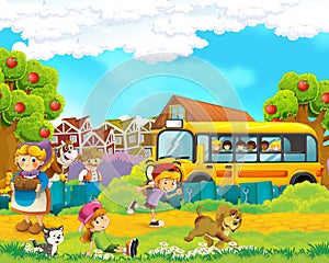 Cartoon scene with children on the farm having fun and school bus