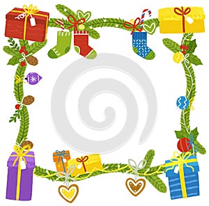 cartoon scene with christmas party ornaments from nature like pine cone twig fir frame border illustration for children