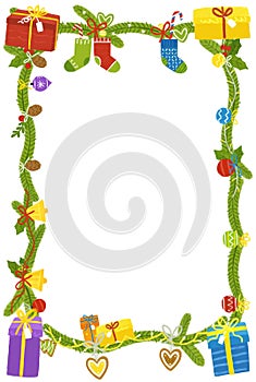 cartoon scene with christmas party ornaments from nature like pine cone twig fir frame border illustration for children