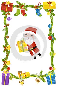 cartoon scene with christmas party ornaments from nature like pine cone twig fir frame border with santa claus illustration for