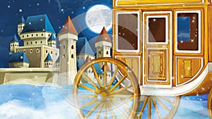 Cartoon scene of a classic carriage near the castle