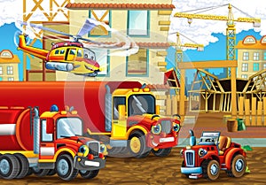 Cartoon scene construction site cars vehicles helicopter