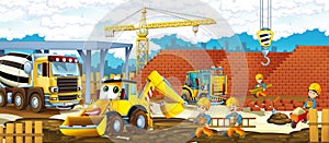 Cartoon scene of a construction site with different heavy machines and working men