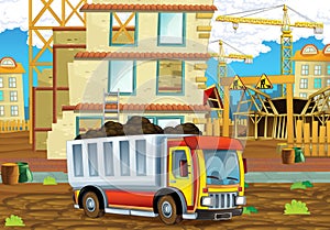 Cartoon scene of a construction site with heavy truck loader - illustration for children