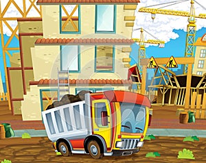 Cartoon scene of a construction site with heavy truck loader - illustration for children