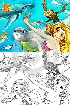 Cartoon scene with coral reef animals underwater with swimming mermaid illustration
